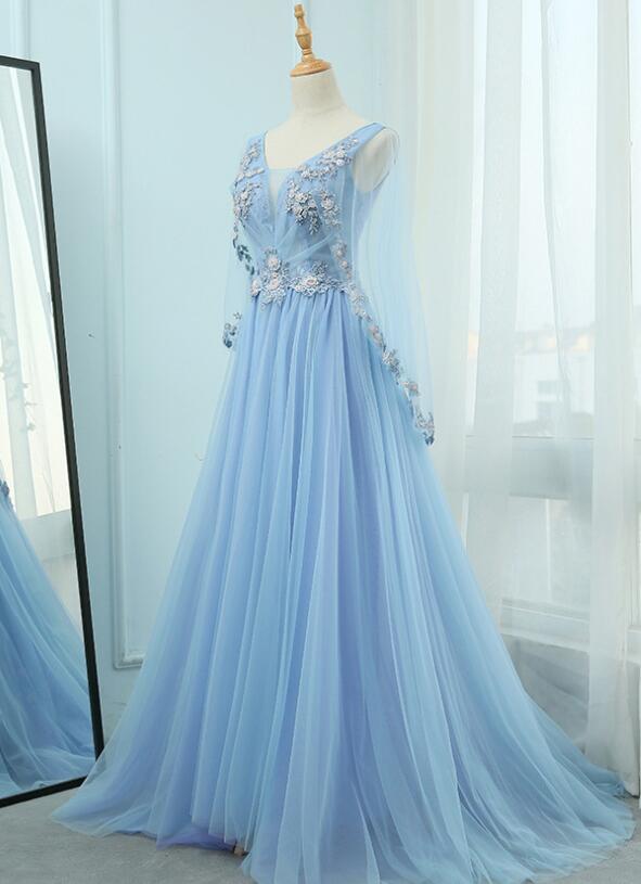 Beautiful Tulle Light Blue Floor Length Prom Dress, New Party Dress 2021