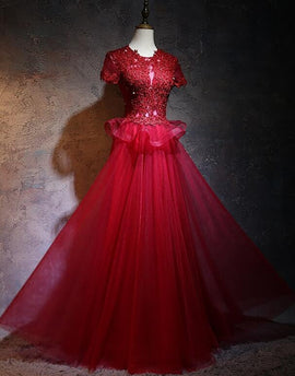 Beautiful Red Tulle Long Prom Dress, A-line Cap Sleeves Formal Dress 2021