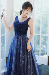 Charming Navy Blue Long Party Dress with Sequins, Blue Evening Gown Prom Dress