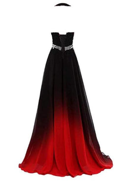 Beautiful Gradient Color Halter Beaded Party Dress, Red and Black Prom Dress