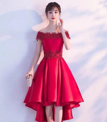 Red Satin with Lace Beaded High Low Homecoming Dress, Red Short Prom Dress Formal Dress
