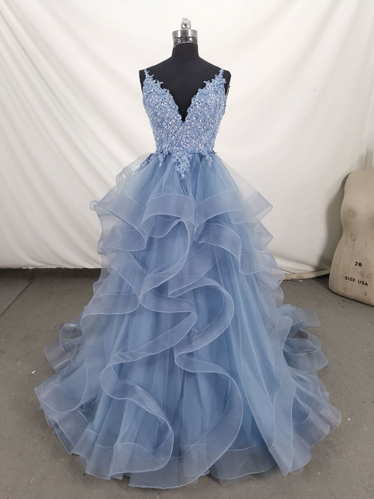 Beautiful Blue Straps Tulle Layers Long Party Dresses, Blue Evening Dr ...