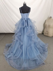 Beautiful Blue Straps Tulle Layers Long Party Dresses, Blue Evening Dresses