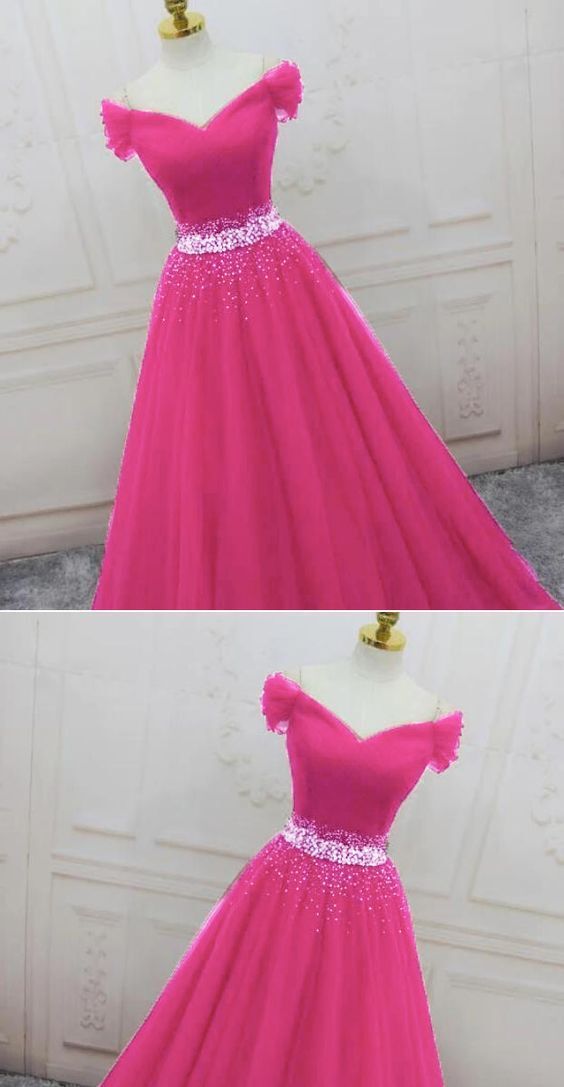 Pink Sweetheart Beaded Tulle Off Shoulder Long Prom Dress, Pink Formal Dresses