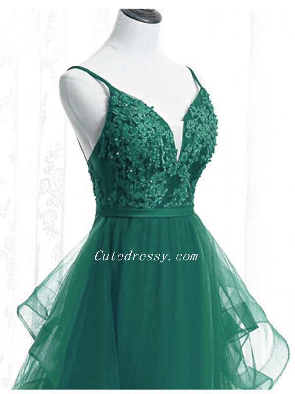 Green Lace and Tulle A-line Layers Long Prom Dress Party Dress, Green Evening Dresses
