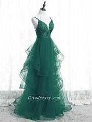 Green Lace and Tulle A-line Layers Long Prom Dress Party Dress, Green Evening Dresses
