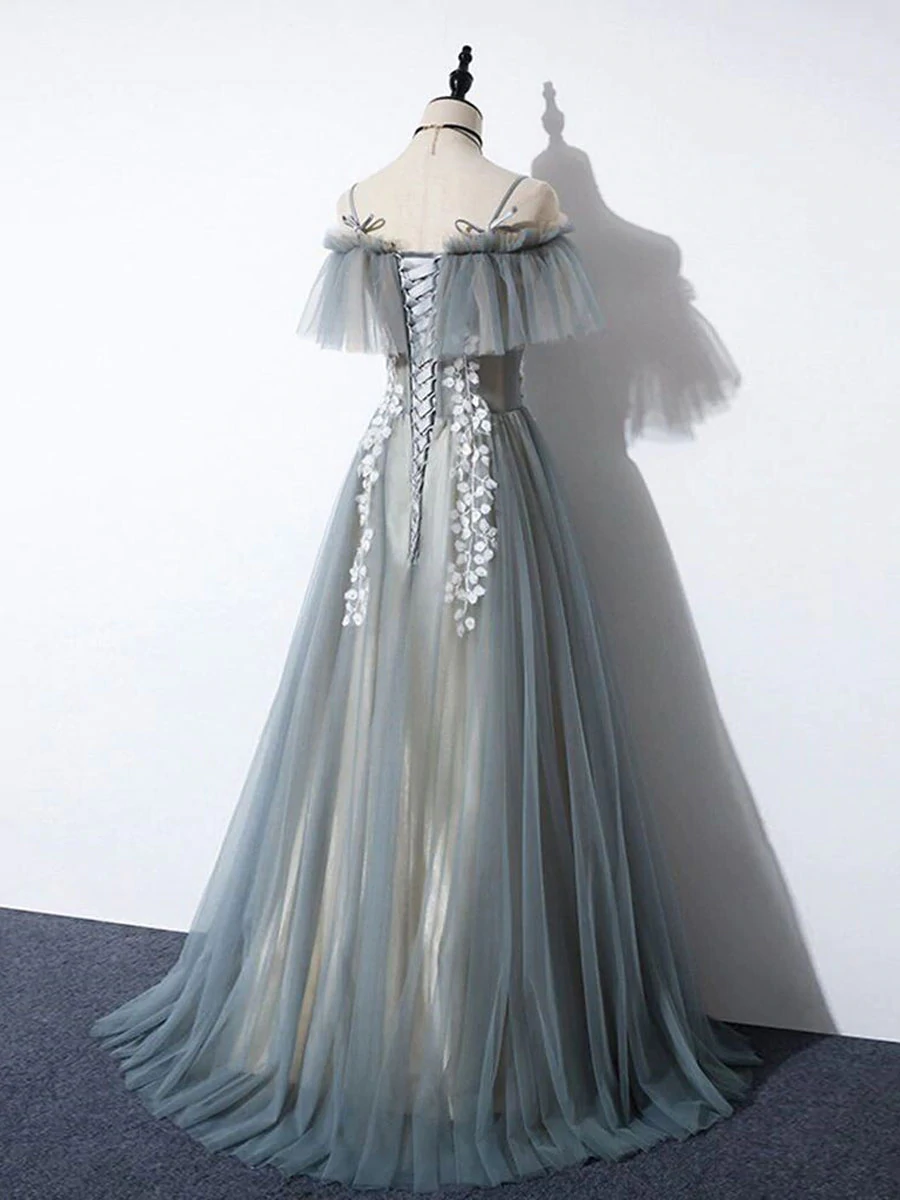 Grey Off Shoulder Straps Tulle with Lace Long Party Dress, Grey Formal Cutedressy Grey Off Shoulder Straps Tulle with Lace Long Party Dress, Grey Formal Cutedressy