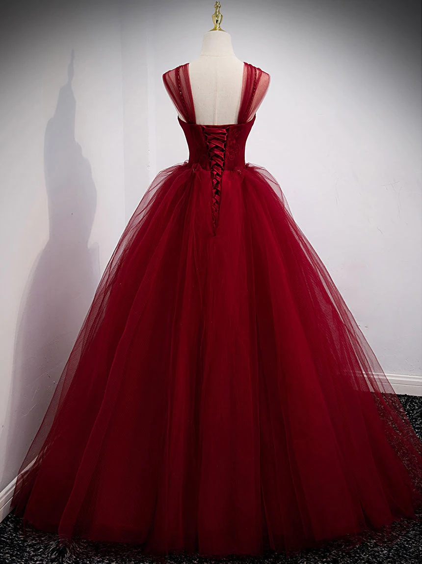 Gorgeous Wine Red Tulle Ball Gown Long Prom Dress Formal Dress, Burgun – Cutedressy