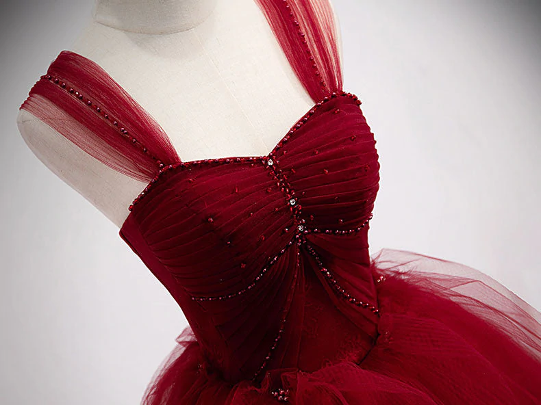 Gorgeous Wine Red Tulle Ball Gown Long Prom Dress Formal Dress, Burgundy Sweet 16 Dresses