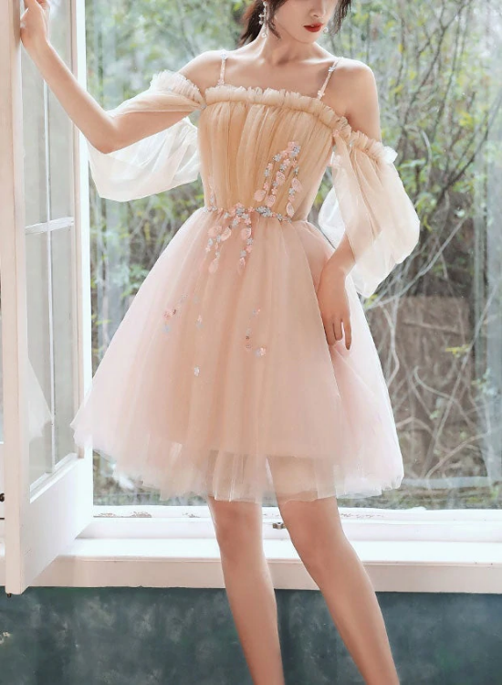 Cute Short Off Shoulder Tulle with Flowers Party Dress, Short Homecoming Dresses