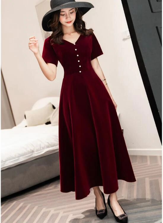 Custom Chiffon Wine Red Short Sleeves Party Dress for Holly