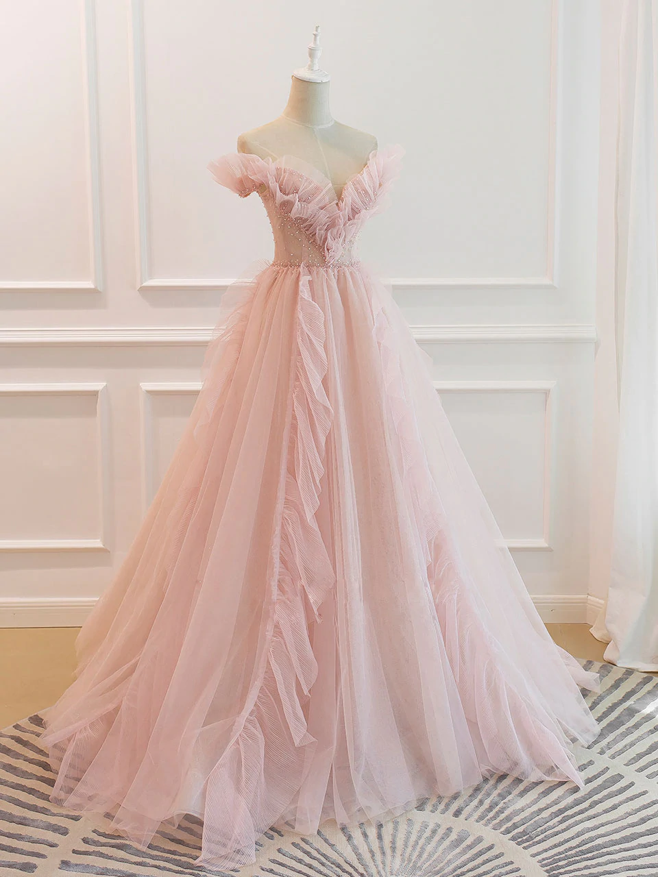 Lovely Pink Tulle Off Shoulder Beaded Long Party Dresses, Pink Prom Dress Formal Gown