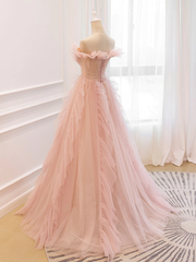 Lovely Pink Tulle Off Shoulder Beaded Long Party Dresses, Pink Prom Dress Formal Gown