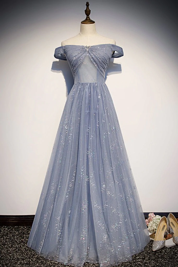Beautiful Long Strapless Blue Tulle Beaded Long, A Line Off Shoulder Prom Dress