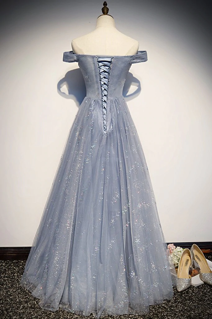 Beautiful Long Strapless Blue Tulle Beaded Long, A Line Off Shoulder Prom Dress