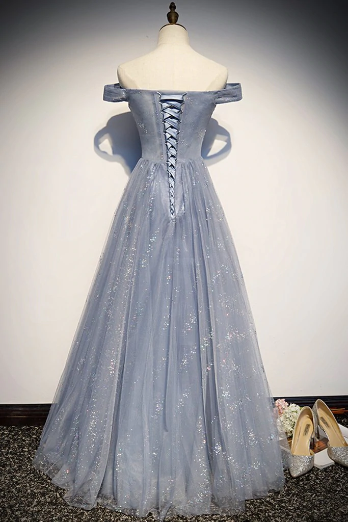 Blue Tulle Beaded Long A-line Prom Dress Y1547 main image 1