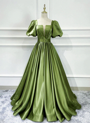 Green Satin Short Sleeves Long Evening Party Dresses, Green Formal Party Dresses