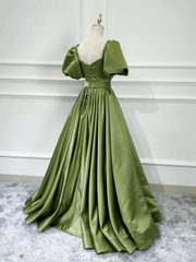 Green Satin Short Sleeves Long Evening Party Dresses, Green Formal Party Dresses