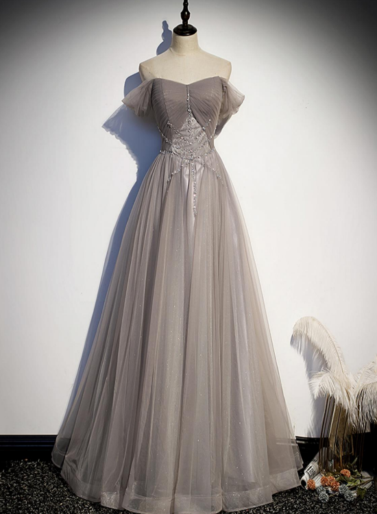 Beautiful Grey Beaded Sweetheart Long Evening Prom Dress, Grey Long Party Dress