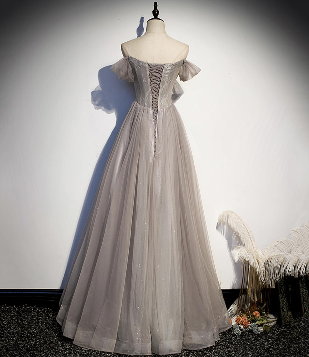 Beautiful Grey Beaded Sweetheart Long Evening Prom Dress, Grey Long Party Dress