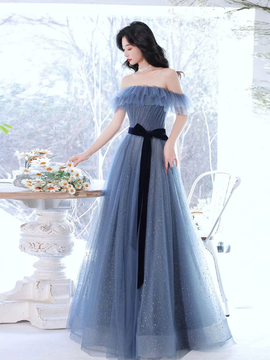 Blue Sweetheart Off Shoulder Long Party Dress, Blue Formal Gown Evening Dress