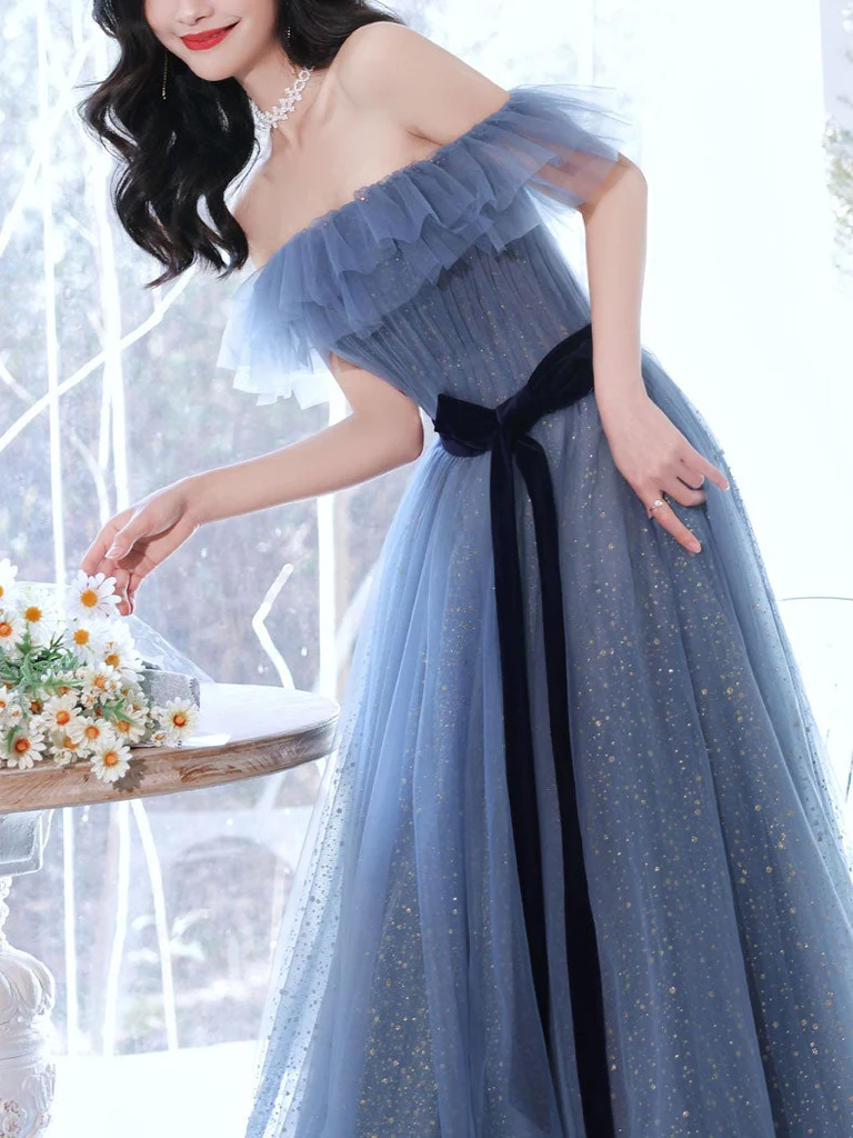 Blue Sweetheart Off Shoulder Long Party Dress, Blue Formal Gown Evening Dress