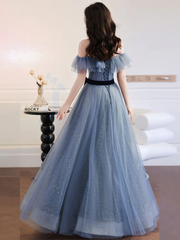 Blue Sweetheart Off Shoulder Long Party Dress, Blue Formal Gown Evening Dress