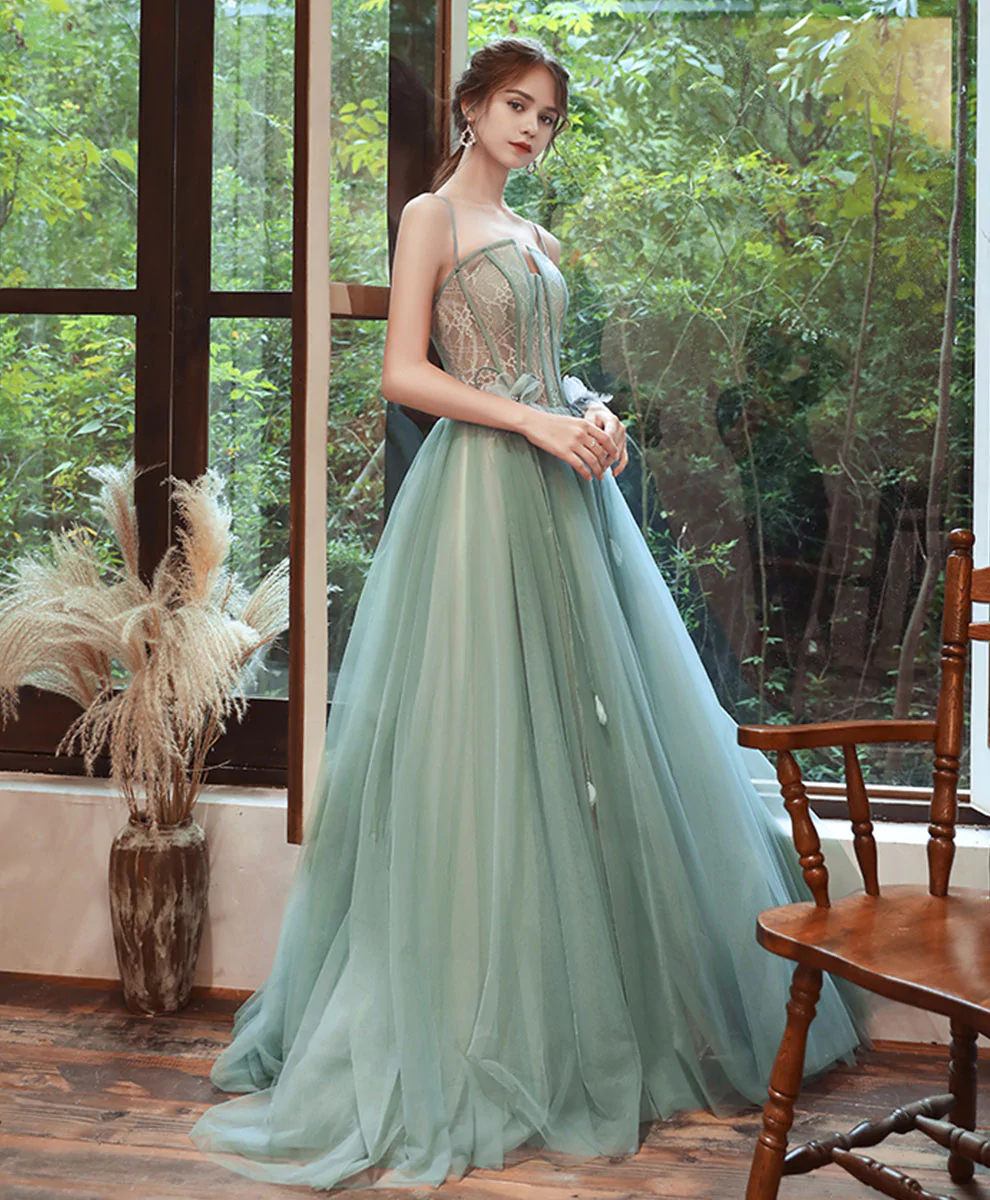 Light Green Tulle Long Party Dress Prom Dress, Straps A-line Evening Gowns