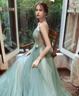 Light Green Tulle Long Party Dress Prom Dress, Straps A-line Evening Gowns