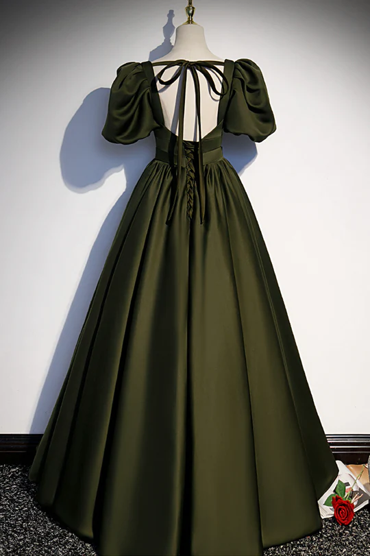 Charming Dark Green Puffy Sleeves Long Evening Gown, Satin Floor Lengt Cutedressy Charming Dark Green Puffy Sleeves Long Evening Gown, Satin Floor Lengt Cutedressy