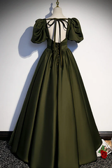 Charming Dark Green Puffy Sleeves Long Evening Gown, Satin Floor Length Prom Dress