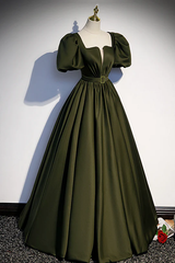 Charming Dark Green Puffy Sleeves Long Evening Gown, Satin Floor Length Prom Dress