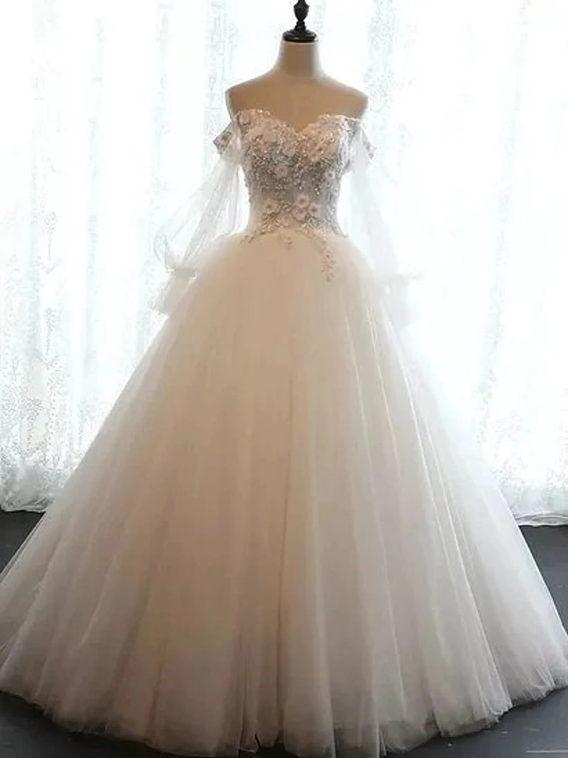 Ivory Flowers and Lace Applique Tulle Sweet 16 Dress, Long Formal Gown