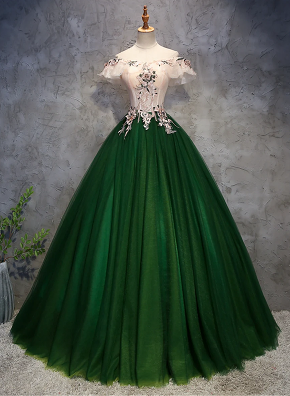 Green Tulle Off Shoulder Long Formal Dress with Lace, Sweet 16 Gown