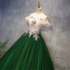 Green Tulle Off Shoulder Long Formal Dress with Lace, Sweet 16 Gown