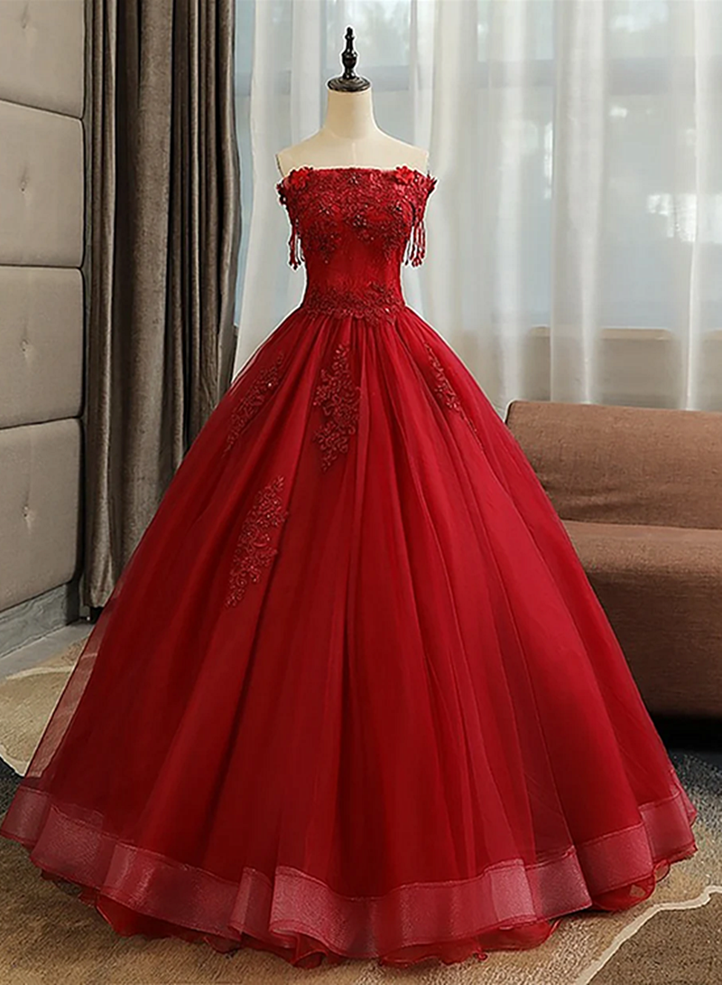 Red Off Shoulder Beaded and Lace Sweet 16 Dress, Red Formal Dress