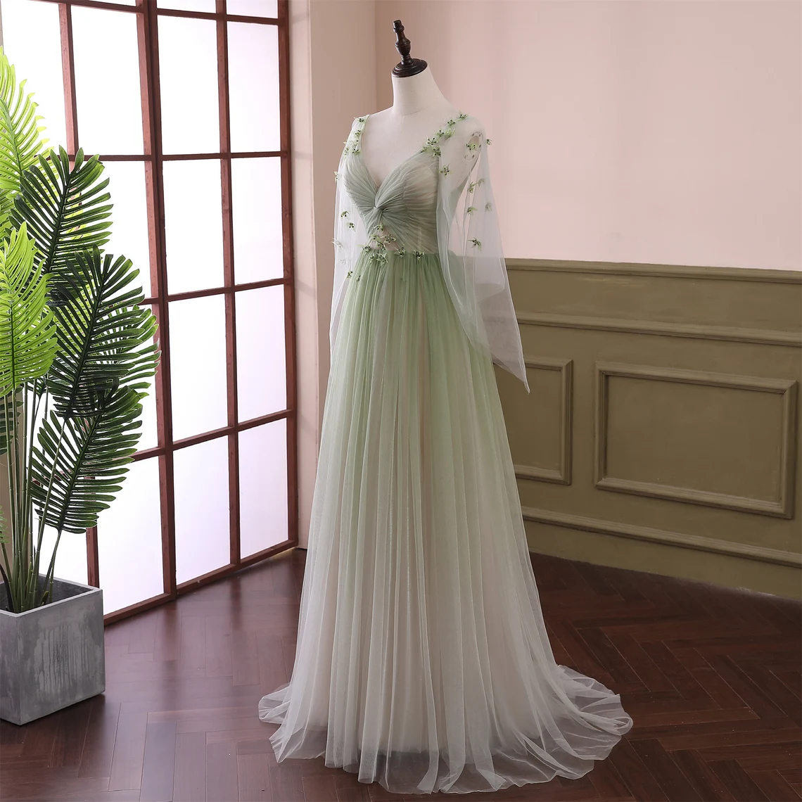 Light Green Long Sleeves Gradient Tulle Party Dress, Green Floor Lengt Cutedressy Light Green Long Sleeves Gradient Tulle Party Dress, Green Floor Lengt Cutedressy