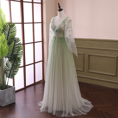 Light Green Long Sleeves Gradient Tulle Party Dress, Green Floor Length Prom Dress