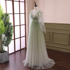 Light Green Long Sleeves Gradient Tulle Party Dress, Green Floor Lengt Cutedressy Light Green Long Sleeves Gradient Tulle Party Dress, Green Floor Lengt Cutedressy