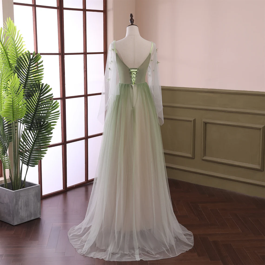 Light Green Long Sleeves Gradient Tulle Party Dress, Green Floor Lengt