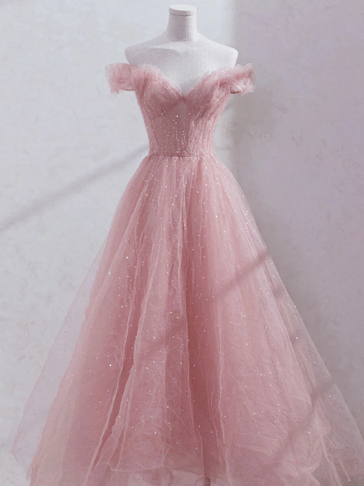 Pink Sweetheart Off Shoulder Sequins Long Evening Dress, Pink Prom Dre