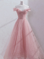 Pink Sweetheart Off Shoulder Sequins Long Evening Dress, Pink Prom Dresses