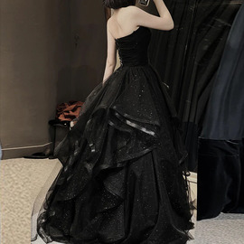 Black Sweetheart Tulle Long Evening Gown, Black Party Dress Prom Dress