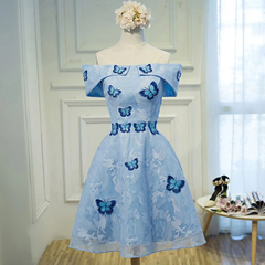 Light Blue Lace with Butterflies Short Homecoming Dress, Blue Prom Dress
