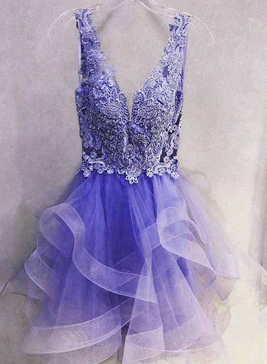 Purple Lace V-neckline Short Homecoming Dress, Purple Short Prom Dress