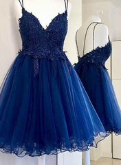 Dark Blue V Neck Short Prom Dress with Beads Appliques,Blue Homecoming Dress