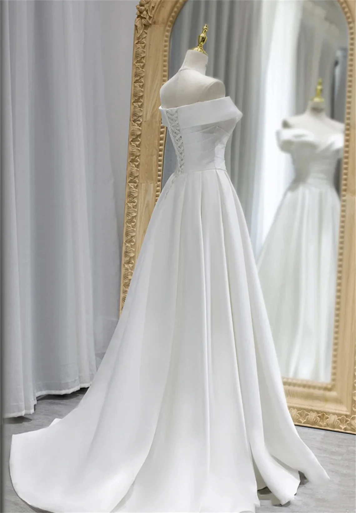 White Off Shoulder Satin Long Prom Dress, White Wedding Party Dresses