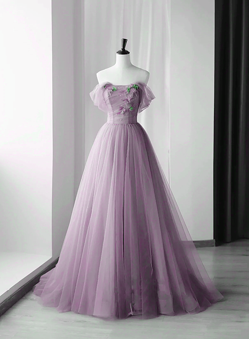 Cute Pink Tulle Sweetheart Off Shoulder Long Party Dress, A-line Tulle Prom Dresses
