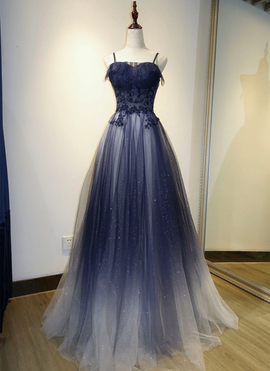 Elegant Gradient Tulle Straps Long Party Dress, A-line Tulle Prom Dresses