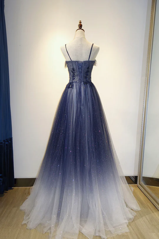 Elegant Gradient Tulle Straps Long Party Dress, A-line Tulle Prom Dresses